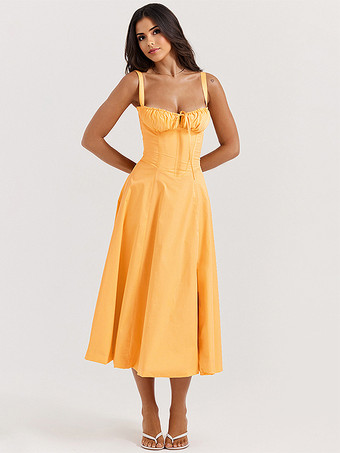 オレンジ ソフトピンクのサマードレス ノースリーブ ストラップネック コテージコア レースアップ ミディドレス レディース