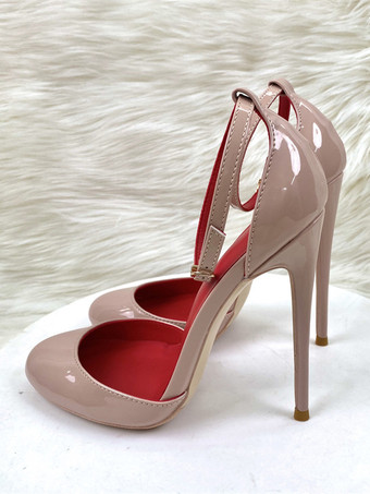 肌色赤いハイヒール メタリック ラウンドトゥ スティレットヒール アンクルストラップ パンプス