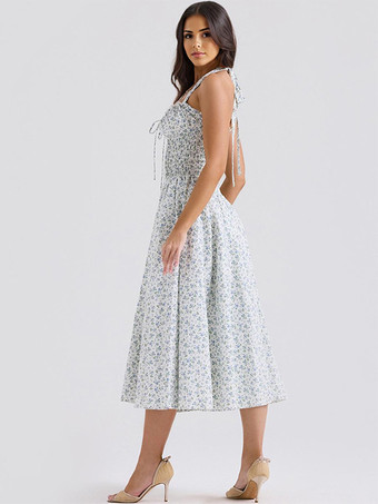 コルセットドレス 花柄ホルターネック レースアップフロント プリーツアイレットトリム パーティーミディドレス