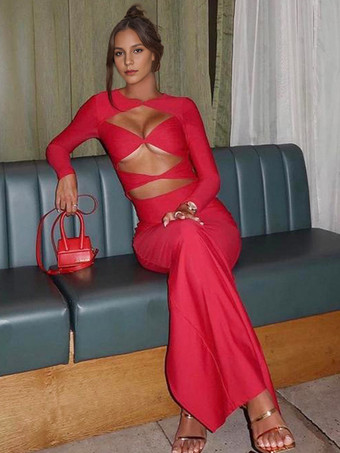 rojo Vestido de club para mujer Cuello joya Vestido sexy negro de poliéster con mangas largas recortadas sexy