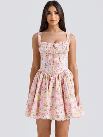 花柄ドレス ミニドレス レースアップ ストラップネック ノースリーブ コテージコア ショートドレス