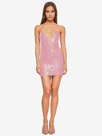 ピンクスパンコールのバースデー パーティー ドレス スパゲッティ ストラップ バックレス セクシー ショート ドレス ワインレッド