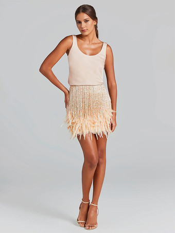 ライト アプリコットノースリーブVバックトップスとフリンジミニドレスのツーピースコーデセット（パーティー用）2025