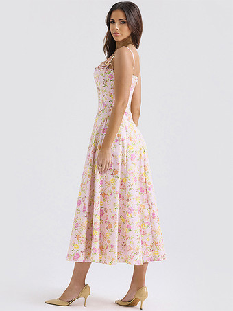 花柄ドレス ミディドレス ノースリーブ ストラップネック シック 調節可能なストラップ コテージコアドレス