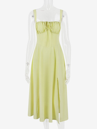 ソフトピンクのサマードレス ノースリーブ ストラップネック コテージコア レースアップ ミディドレス レディース