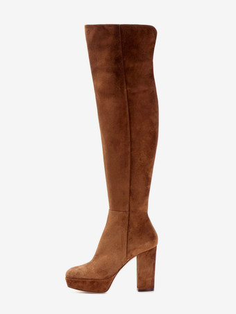 スエードオーバーニーブーツ コーヒーブラウン プラットフォーム ラウンドトゥ チャンキーヒール サイハイブーツ