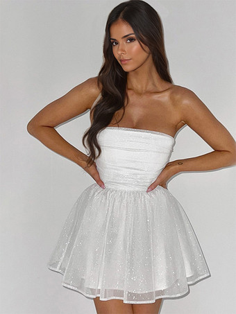 パーティードレス レッド ストラップレス リボン ノースリーブ オープンショルダー セミフォーマルドレス