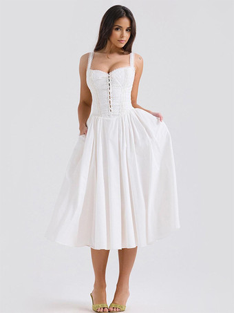 ホワイト ホワイトコルセットドレス カットアウト ワイドストラップ レーストリム バックレス コテージコア ミディドレス