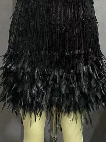 ブラック ノースリーブVバックトップスとフリンジミニドレスのツーピースコーデセット（パーティー用）2025