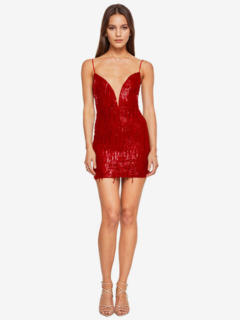 レッド スパンコールのバースデー パーティー ドレス スパゲッティ ストラップ バックレス セクシー ショート ドレス ワインレッド
