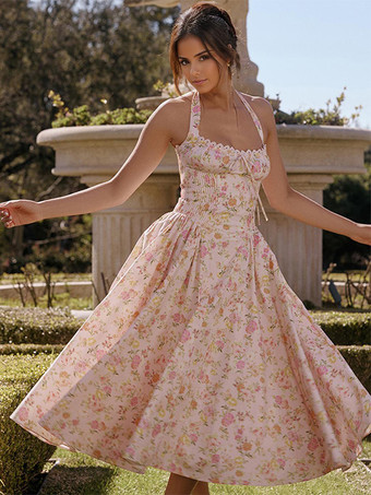 コルセットドレス 花柄ホルターネック レースアップフロント プリーツアイレットトリム パーティーミディドレス