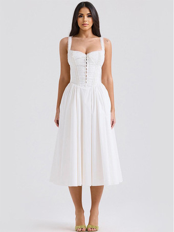 ホワイトコルセットドレス カットアウト ワイドストラップ レーストリム バックレス コテージコア ミディドレス