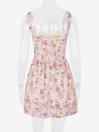 花柄ドレス ミニドレス レースアップ ストラップネック ノースリーブ コテージコア ショートドレス