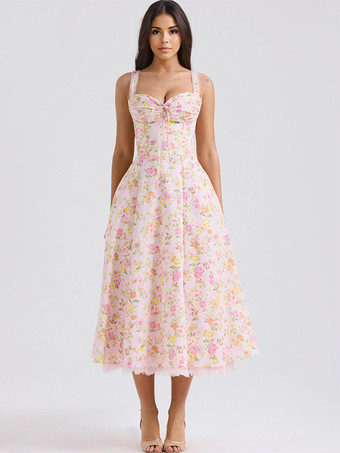 ピンクコルセットドレス 花柄 ワイドストラップ バックレス コテージコア ブランチ パーティー ミディドレス