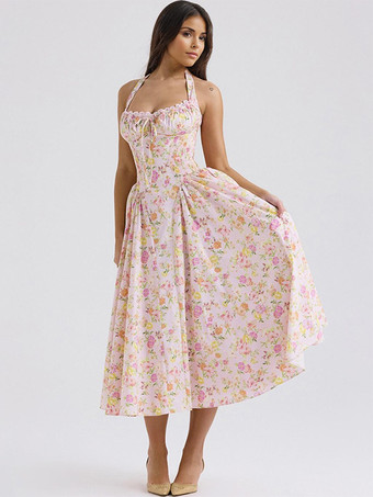 コルセットドレス 花柄ホルターネック レースアップフロント プリーツアイレットトリム パーティーミディドレス