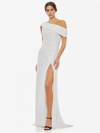 ホワイト パーティードレス ホワイト ワンショルダー スパンコール ハイスリット セミフォーマルドレス