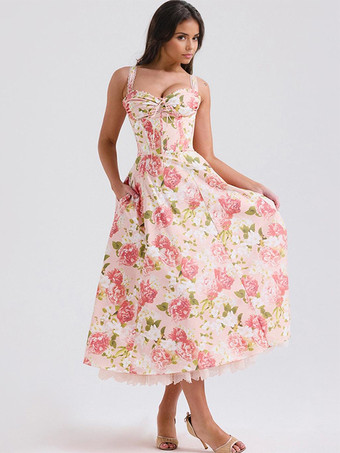 レッド コルセットドレス 花柄 ワイドストラップ バックレス コテージコア ブランチ パーティー ミディドレス