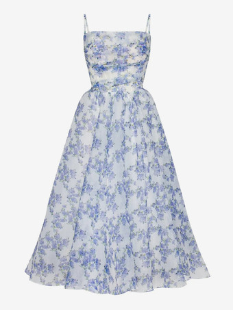 花柄ドレス スパゲッティストラップ バックレス レースアップ バースデーパーティー ミディドレス