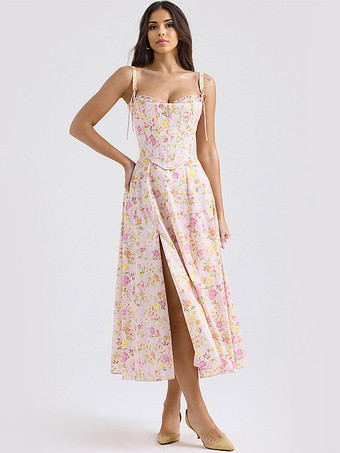 花柄ドレス ミディドレス ノースリーブ ストラップネック シック 調節可能なストラップ コテージコアドレス