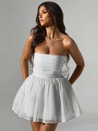 パーティードレス レッド ストラップレス リボン ノースリーブ オープンショルダー セミフォーマルドレス