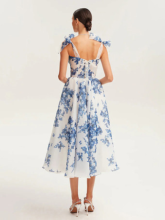 ライトスカイブルーのコルセットドレス タイストラップ フローラル Aライン エレガント パーティー プロム ミディドレス