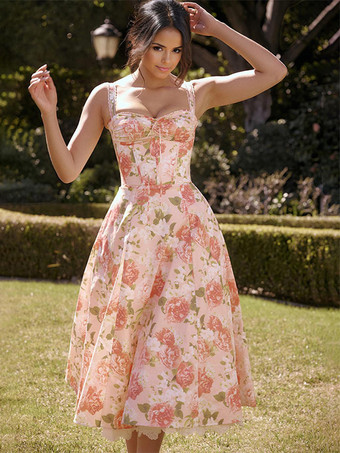 コルセットドレス 花柄 ワイドストラップ バックレス コテージコア ブランチ パーティー ミディドレス