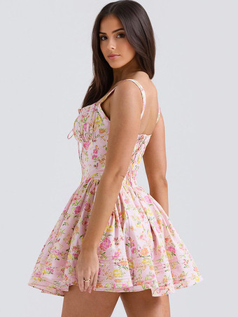 花柄ドレス ミニドレス レースアップ ストラップネック ノースリーブ コテージコア ショートドレス