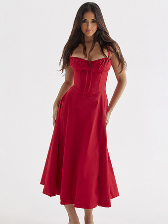 レッド ソフトピンクのサマードレス ノースリーブ ストラップネック コテージコア レースアップ ミディドレス レディース