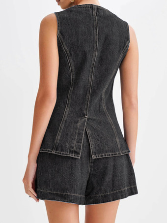 デニムパンツセット ラウンドネック ノースリーブ スリット サマーカジュアル ツーピース コーデセット 2025