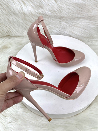 赤いハイヒール メタリック ラウンドトゥ スティレットヒール アンクルストラップ パンプス