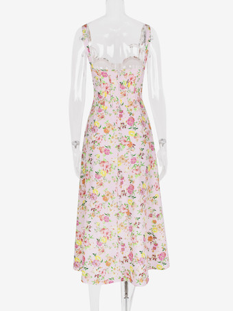 花柄ドレス ミディドレス ノースリーブ ストラップネック シック 調節可能なストラップ コテージコアドレス