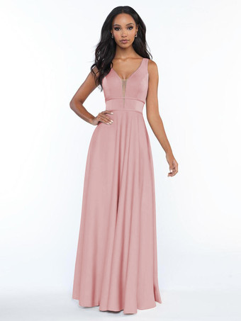 ソフトピンクブライズメイドドレス ノースリーブ オープンバック Aライン フロアレングス フォーマルガウン