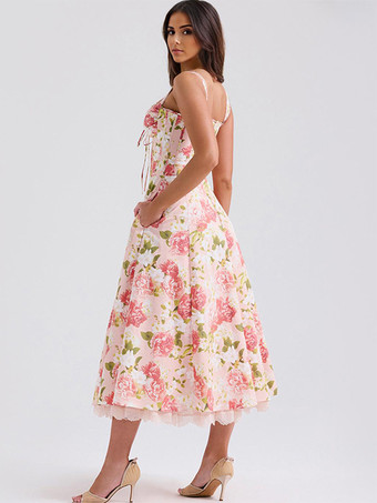 コルセットドレス 花柄 ワイドストラップ バックレス コテージコア ブランチ パーティー ミディドレス