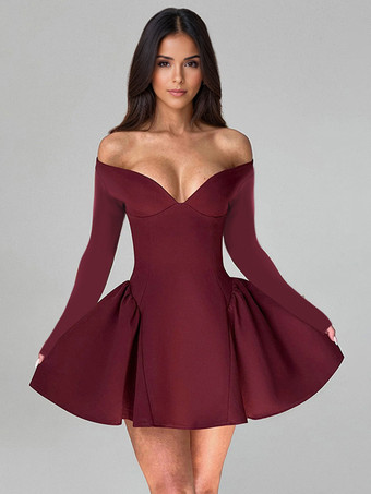 Burgundy Mini Dress Plunge Bardot Neckline A-line Birthday Party Dress For Women 2025