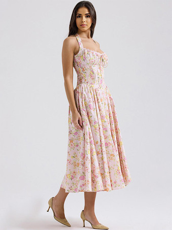 コルセットドレス 花柄ホルターネック レースアップフロント プリーツアイレットトリム パーティーミディドレス