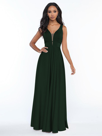 ダークグリーンブライズメイドドレス ノースリーブ オープンバック Aライン フロアレングス フォーマルガウン