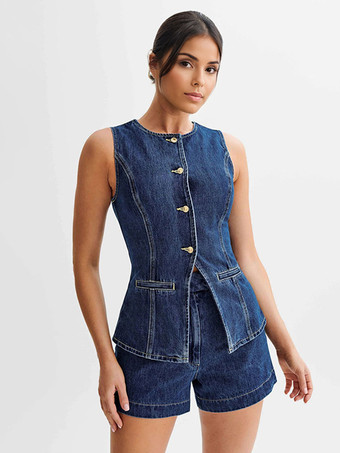 デニムパンツセット ラウンドネック ノースリーブ スリット サマーカジュアル ツーピース コーデセット 2025