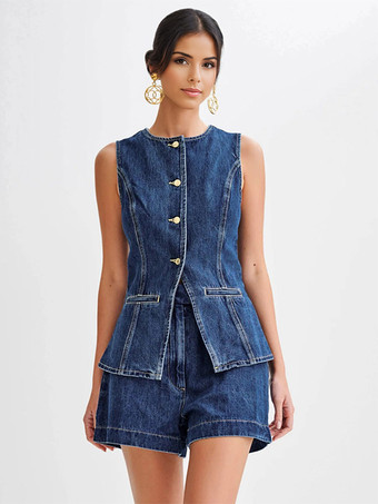 デニムパンツセット ラウンドネック ノースリーブ スリット サマーカジュアル ツーピース コーデセット 2025