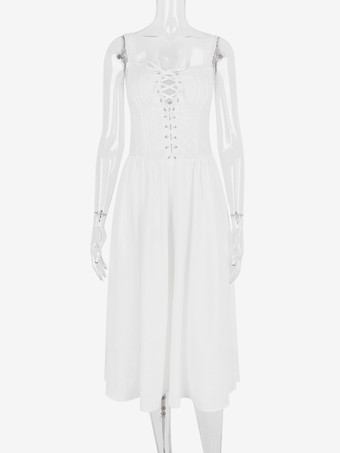 ホワイトコルセットドレス カットアウト ワイドストラップ レーストリム バックレス コテージコア ミディドレス