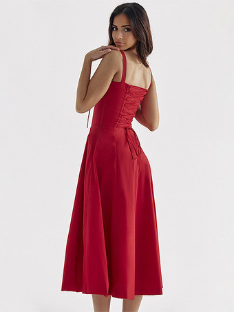 ソフトピンクのサマードレス ノースリーブ ストラップネック コテージコア レースアップ ミディドレス レディース