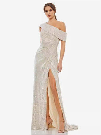 アプリコットパーティードレス ホワイト ワンショルダー スパンコール ハイスリット セミフォーマルドレス