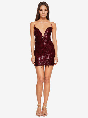 ワインレッド スパンコールのバースデー パーティー ドレス スパゲッティ ストラップ バックレス セクシー ショート ドレス ワインレッド