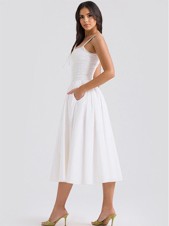 ホワイトコルセットドレス カットアウト ワイドストラップ レーストリム バックレス コテージコア ミディドレス