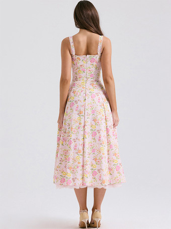 コルセットドレス 花柄 ワイドストラップ バックレス コテージコア ブランチ パーティー ミディドレス