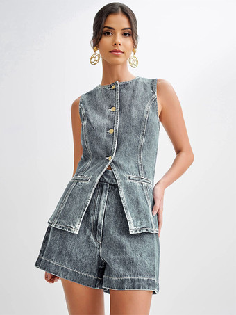 グレイデニムパンツセット ラウンドネック ノースリーブ スリット サマーカジュアル ツーピース コーデセット 2025