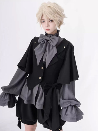 ゴスロリブラウス 王子ファッション 長袖 フリルネックシャツ グレー