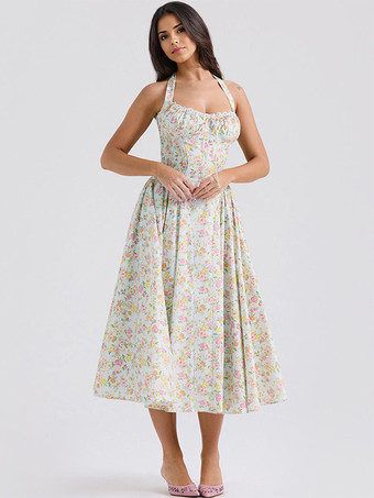 ホワイト コルセットドレス 花柄ホルターネック レースアップフロント プリーツアイレットトリム パーティーミディドレス