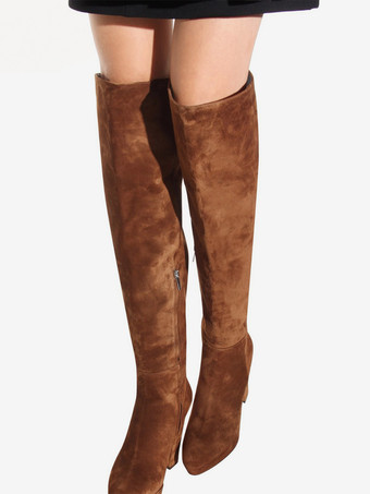 スエードオーバーニーブーツ コーヒーブラウン プラットフォーム ラウンドトゥ チャンキーヒール サイハイブーツ