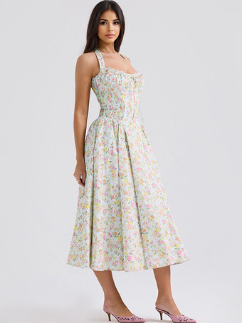 コルセットドレス 花柄ホルターネック レースアップフロント プリーツアイレットトリム パーティーミディドレス