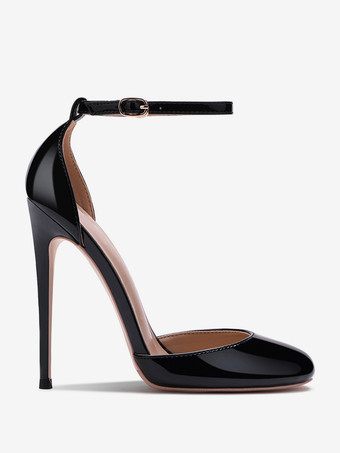 赤いハイヒール メタリック ラウンドトゥ スティレットヒール アンクルストラップ パンプス